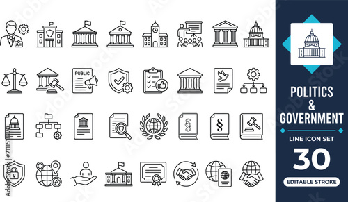 Quadro su tela politics and government line icon set featuring democracy, election, and public policy symbols