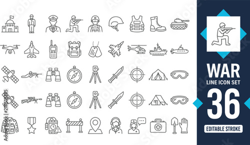 Canvas Print War line icon set featuring military conflict, battlefield combat, weapons, defense armor, and tactical army equipment