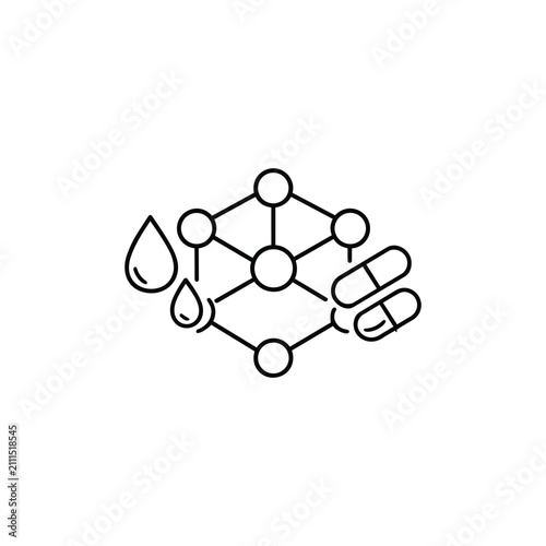 Molecular structure with liquid drops and capsules represents pharmaceutical formulation, drug science and medicine development
