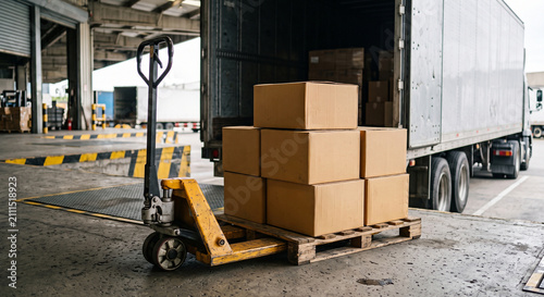 Pallet jack carrying stacked cardboard boxes beside a truck trailer at a warehouse loading dock in an industrial logistics warehouse