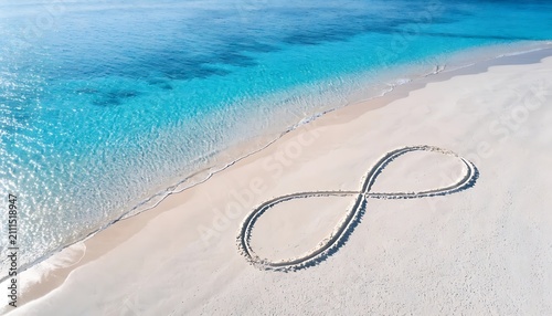 Ultra-photorealistic aerial coastal scene featuring an oversized infinity symbol carefully traced into untouched pearl-white shoreline at low tide, bordered by luminous turquoise shallows