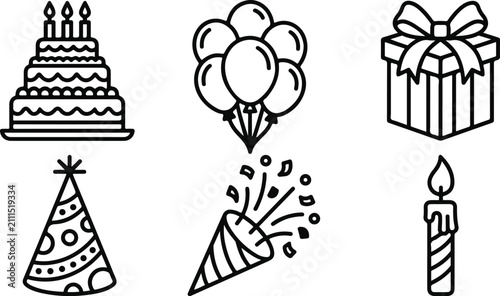 Birthday party elements and celebration vector icon set with black line art