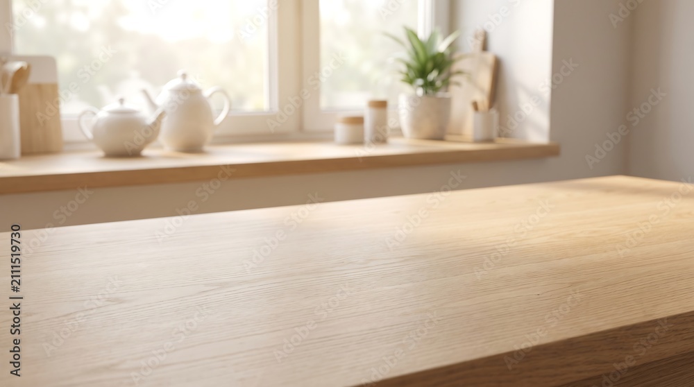 Fototapeta premium Empty wooden table surface in bright kitchen interior for product mockup and food presentation background design.