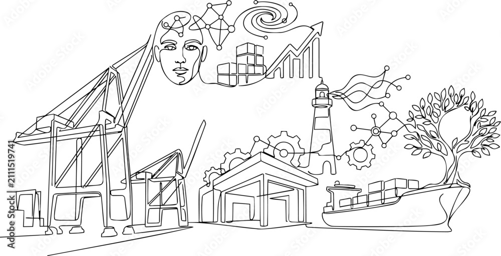 Obraz premium Continuous one line drawing of generic global logistics port with cargo ship crane lighthouse warehouse artificial intelligence face and crescent star tree concept vector