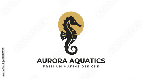 Minimalist seahorse logo design with sun backdrop for aquatic business.