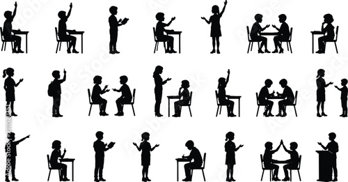 Set of School Children Silhouettes Raising Hands Sitting at Desks Classroom Learning and Presentation Activities