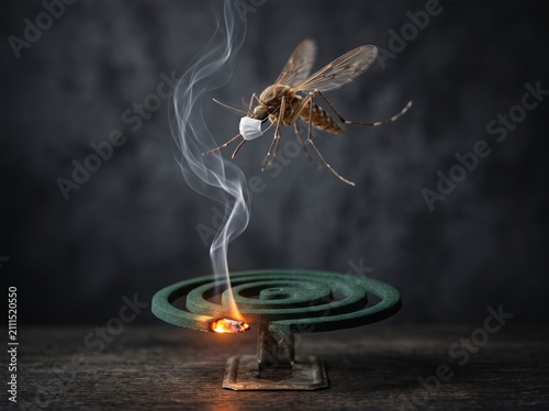 A mosquito wearing a small white face mask hovering above a burning green mosquito coil emitting a thin trail of grey smoke against a dark textured background