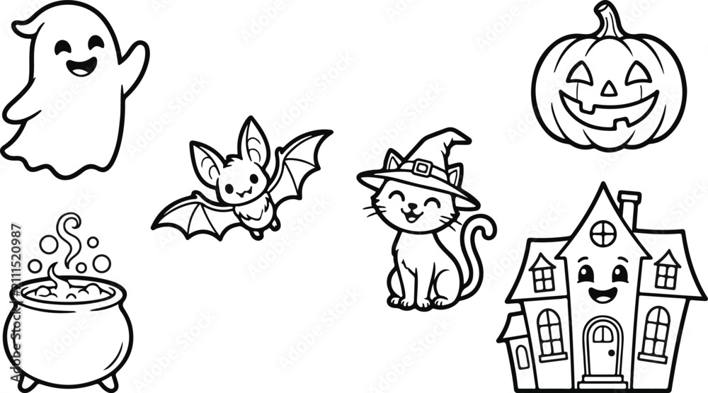 Fototapeta premium Cute Halloween elements outline set for coloring book with ghost, pumpkin, bat, and witch cat