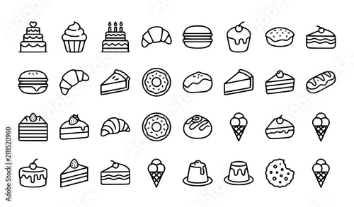 Cake and dessert outline icon set with birthday wedding bakery and sweet food symbols