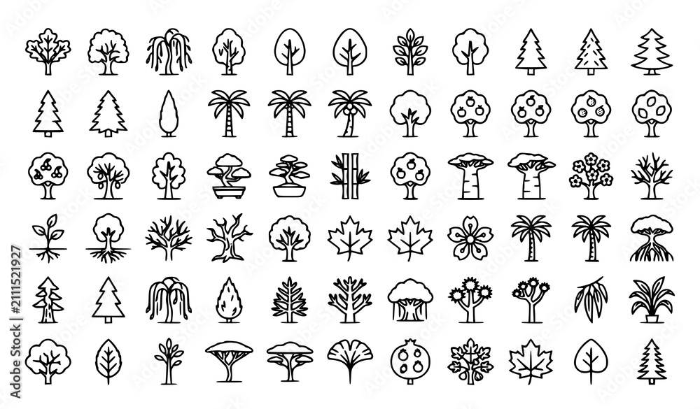 Obraz premium Minimal Trees Line Icon Set with Roots Leaves Branches and Fruit Vector Illustration
