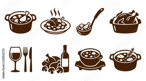 Obraz na plátně Hearty chicken stew and meat dish icons
