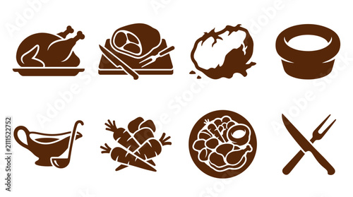 Fotografia Roasted meat dinner and hearty meal icon set.