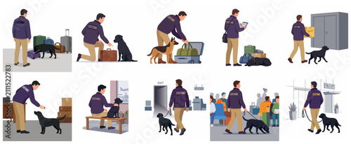 Foto Customs officer with sniffer dog set, airport security and luggage inspection il