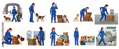 Bild auf Leinwand Female customs officers working with sniffer dogs for airport security and cargo