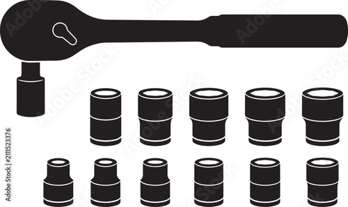 Bild auf Leinwand Black silhouette of a ratchet handle and a set of twelve various sized socket wr