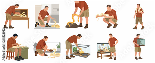 Bild auf Leinwand Collection of flat illustrations of a man caring for his pet yellow python inclu