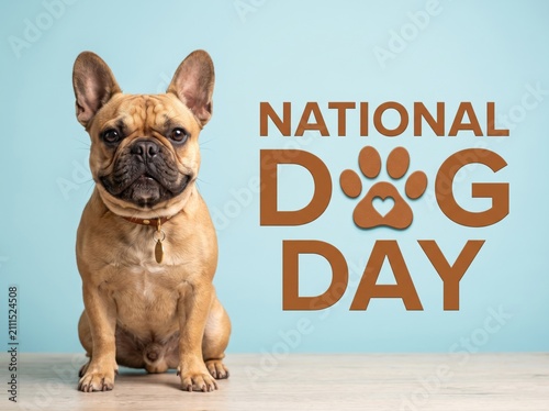 Fawn french bulldog sitting on a wooden surface against a light blue background with brown national dog day text and a paw print