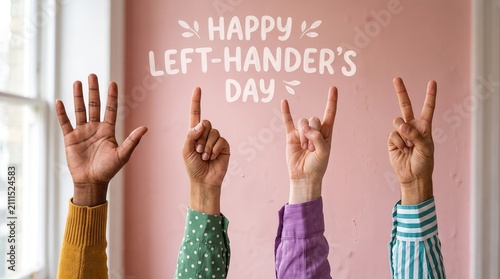 Four diverse hands raised against a pink wall with white text reading happy left handers day showing various finger gestures including a palm open index finger pointing rock sign and peace sign