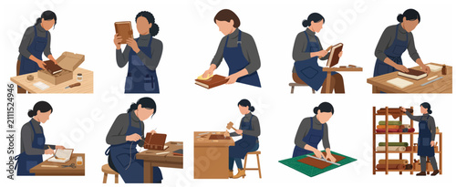 Obraz na płótnie Collection of women bookbinders and leather artisans working in a workshop setti