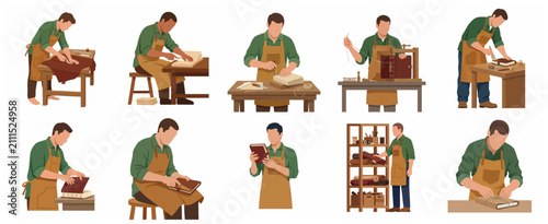 Obraz na płótnie Set of male artisan bookbinders working on handmade leather books in a workshop,