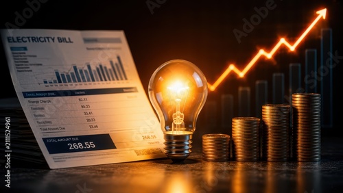Rising Electricity Prices Concept with Energy Bill Light Bulb and Increasing Financial Costs