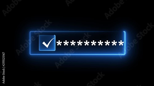 Futuristic neon glowing cyber security digital login password interface animation with a white checkmark icon representing a successful data authentication.