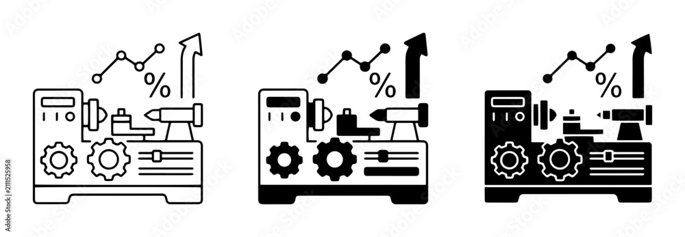 Obraz premium Lathe Machine Growth Icons, Manufacturing Productivity Increase, Industrial Efficiency Vector Set