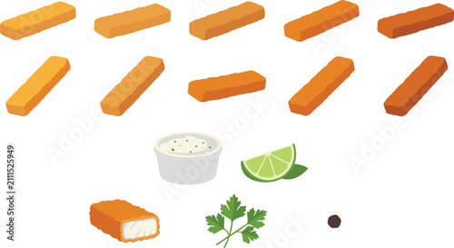 Vector illustration of crispy fried fish fingers with tartar sauce cup lime wedge parsley leaf sliced fish stick and peppercorn set