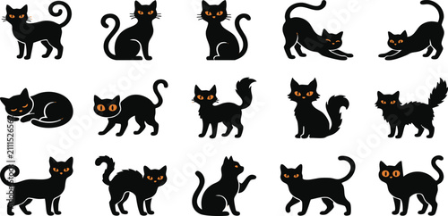 Set of black cat silhouettes in various poses isolated on a white background for halloween design projects