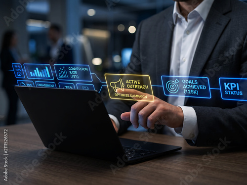 Digital marketing analytics concept with business professional using laptop
