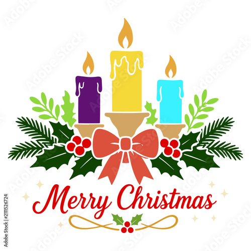 Festive Christmas Candle Holly and Pine Silhouette Design