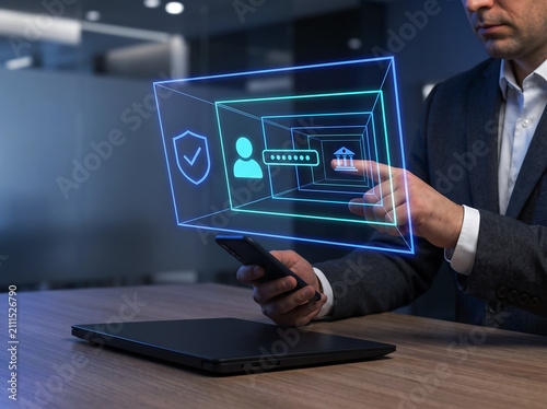 Digital identity security interface with business professional using tablet