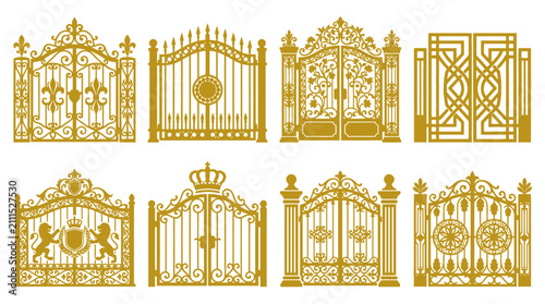 Photos Decorative gold wrought iron gate and fence icon set.