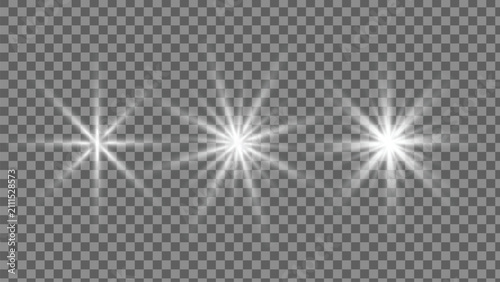 Set of Three White Glowing Star Light Effects with Radiating Beams and Sparkling Flares for Digital Design Compositions