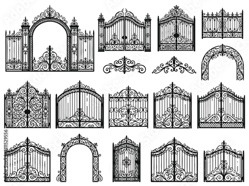 Ornate Wrought Iron Gates and Fences Vector Art Set for Architectural and Decorative Design
