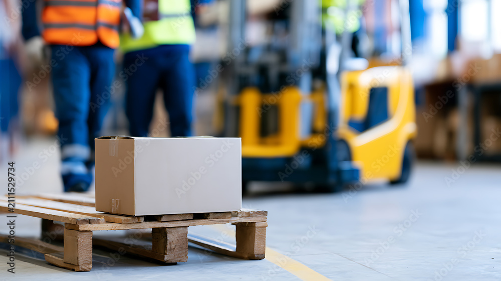 Fototapeta premium Cardboard Box on Wooden Pallet in Warehouse with Workers, Forklift: Logistics, Shipping, Distribution, Supply Chain Operations