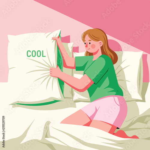 Woman in bed fluffing a pillow with the word 