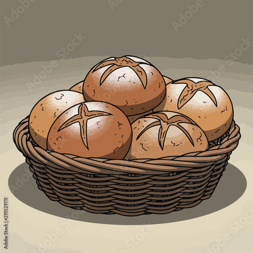 A woven basket overflows with freshly baked, crusty rolls
