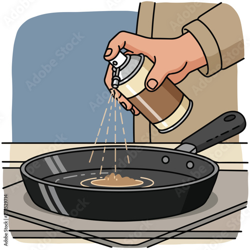 Hand spraying oil into a hot pan for cooking