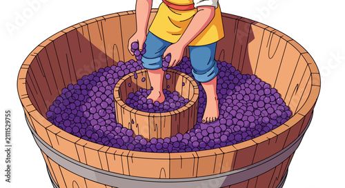 Person stomping grapes in wooden barrel for wine production