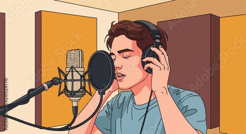 Close up of a person singing into a microphone in a studio