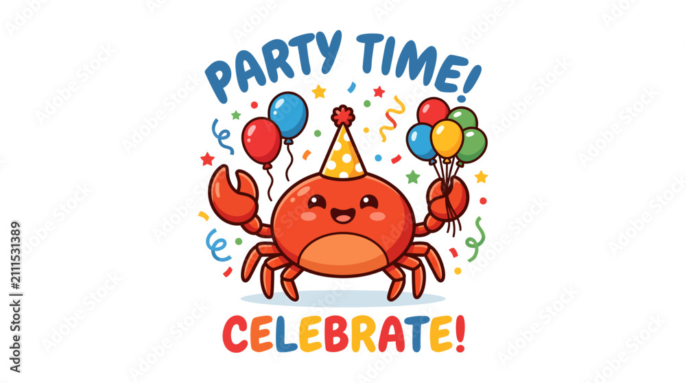 Fototapeta premium Cute cartoon crab wearing a party hat celebrating with balloons.