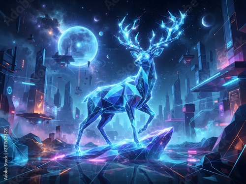 Futuristic Low Poly Blue Deer Surreal Tech Art