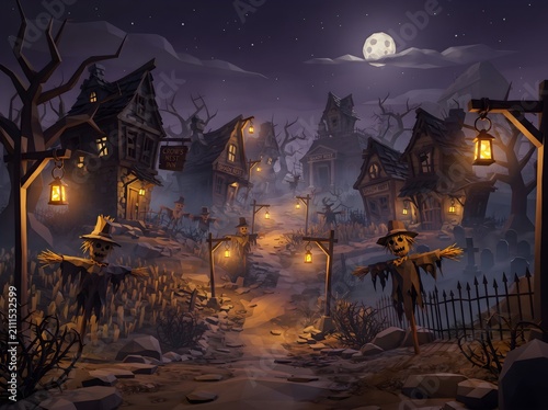 Low Poly Haunted Village Crooked Lanterns Scarecrows