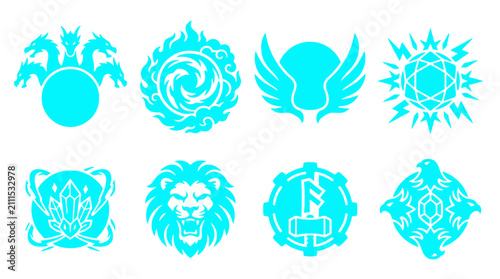 Foto Cyan fantasy creature and magical energy icons.