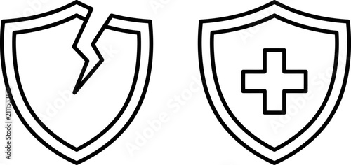 Set of shield icons with crack and medical cross