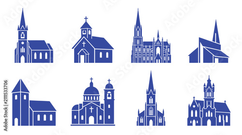 Bild auf Leinwand Variety of blue flat church and cathedral building icons.