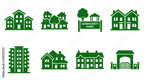 Green suburban community and eco-friendly housing icons.