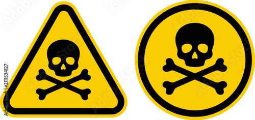 Fotografie Set of yellow warning signs with skull and crossbones icon isolated on white bac