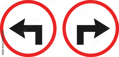 Cuadro en lienzo Turn left and turn right mandatory traffic signs, directional road signs set